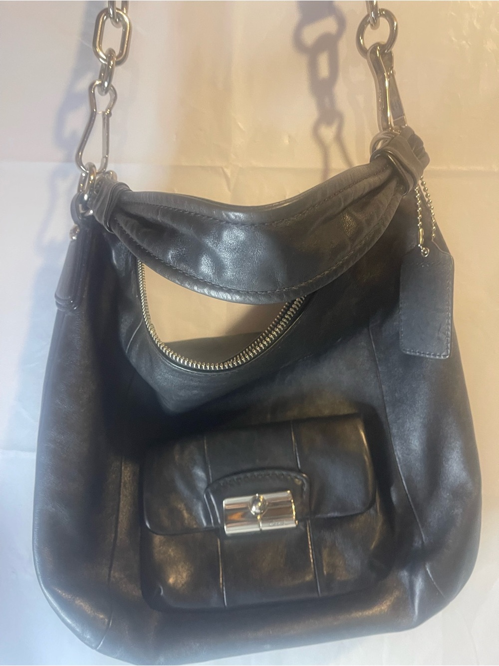 Coach Black Leather Shoulder Bag with Silver Hardware and Chain Strap